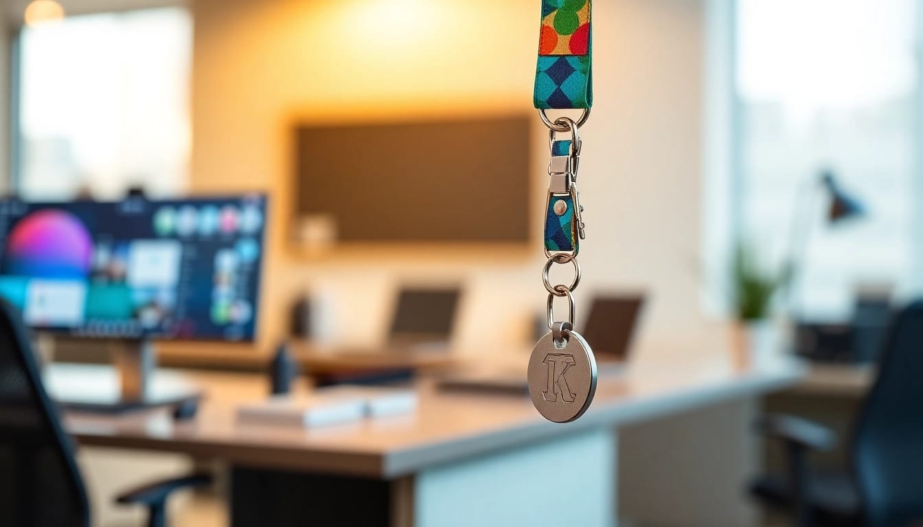 Stylishly display a lanyard keychain with vibrant design and personalized charm on a modern desk.