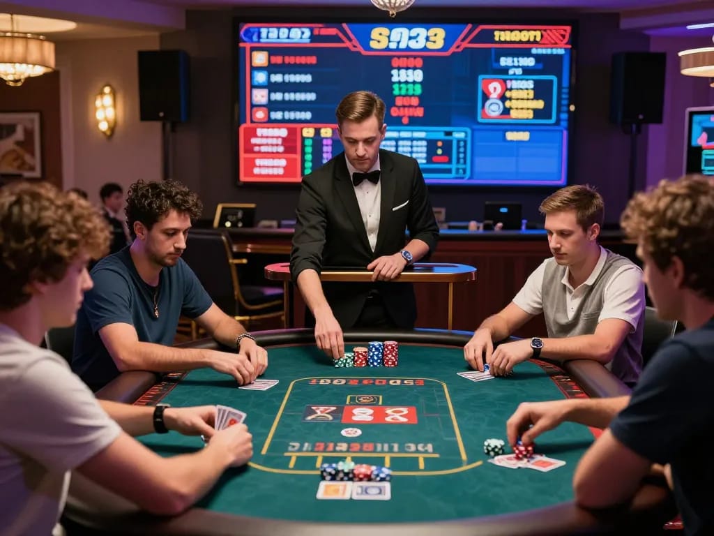 Sun win players engaging in thrilling online poker game with professional dealer in elegant casino setting.