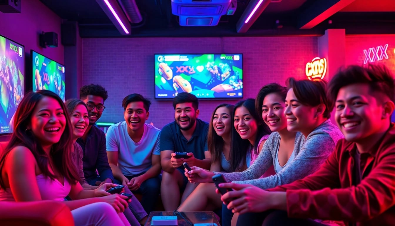 Diverse group enjoying XXX games in a vibrant gaming lounge.