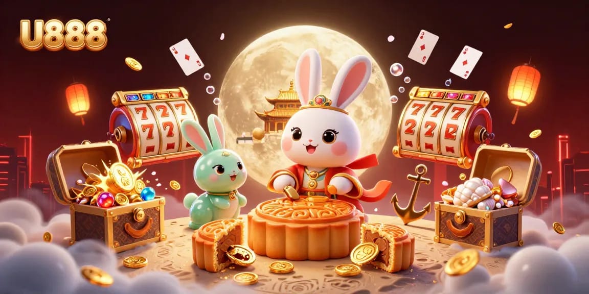 Experience thrilling action with U888's moon rabbit and poker chips in a vibrant casino scene.