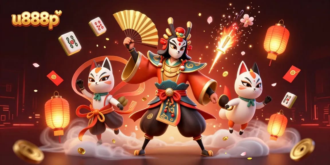 Experience thrilling gaming with u888p as kabuki warriors and lantern spirits illuminate the scene.