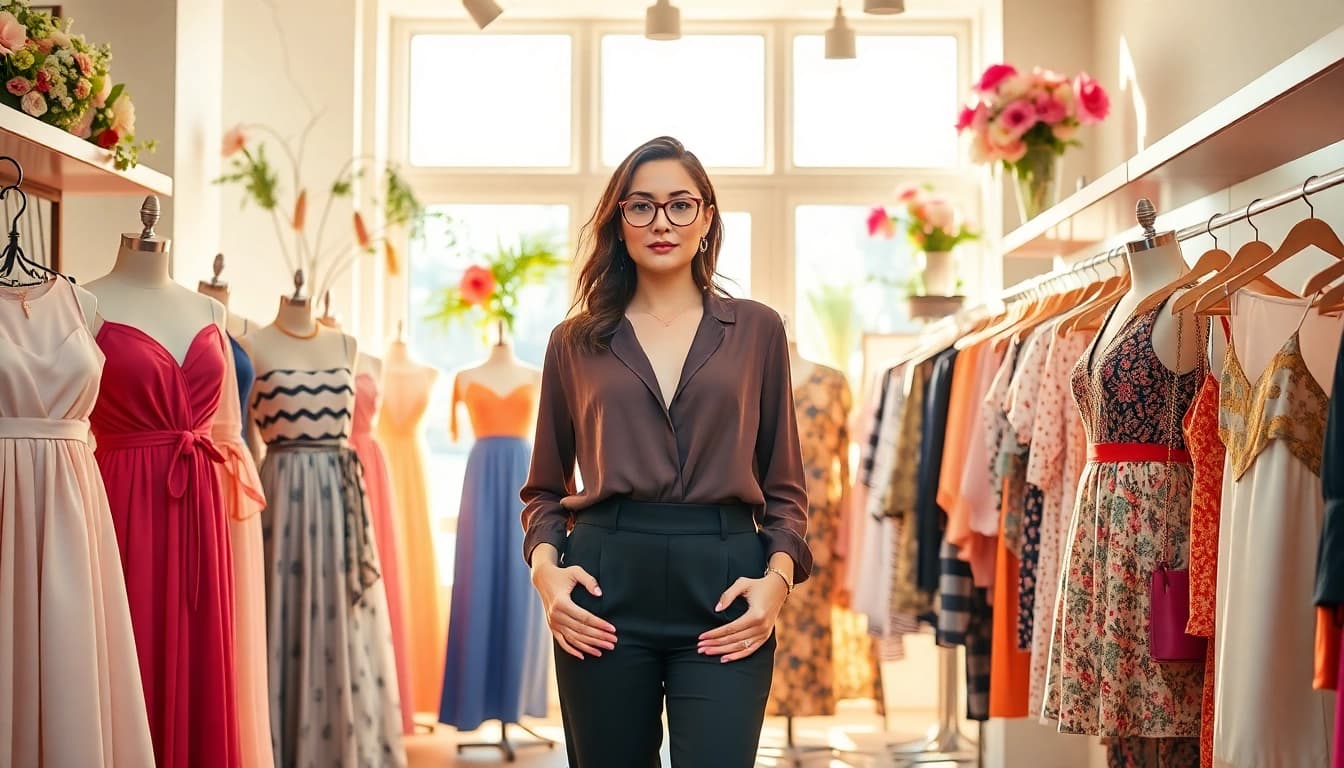 Explore a stylish woman shopping at a vibrant boutique showcasing diverse Women Fashion trends.