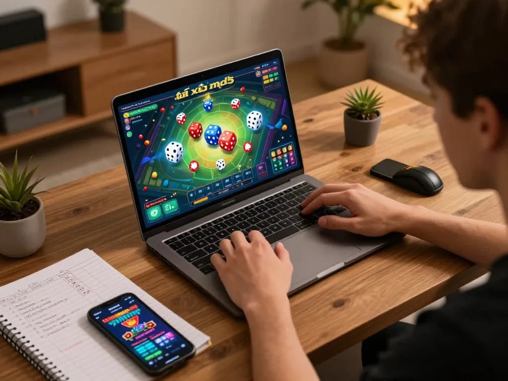 Engaging in a game of tài xỉu md5, a player sets strategic bets while using a laptop in a cozy gaming setup.