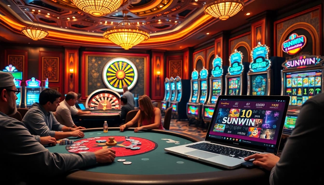 Experience thrilling gaming action at https://sunwin.builders/ with players engaging at card tables and slot machines.