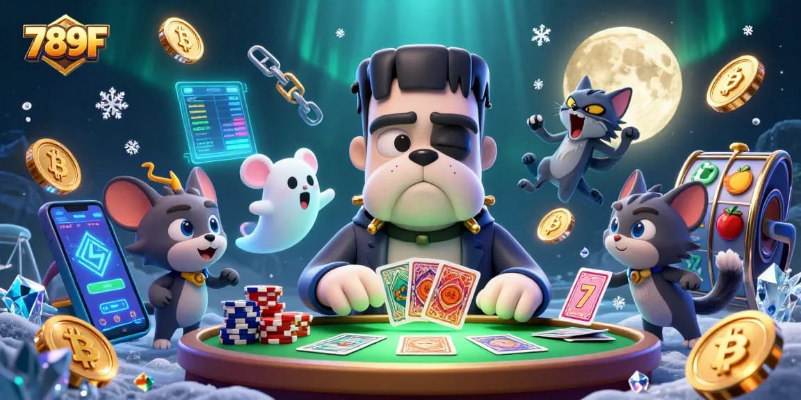 Deal winning hands at 789F with a fun 3D casino scene, featuring vibrant characters and slot elements.