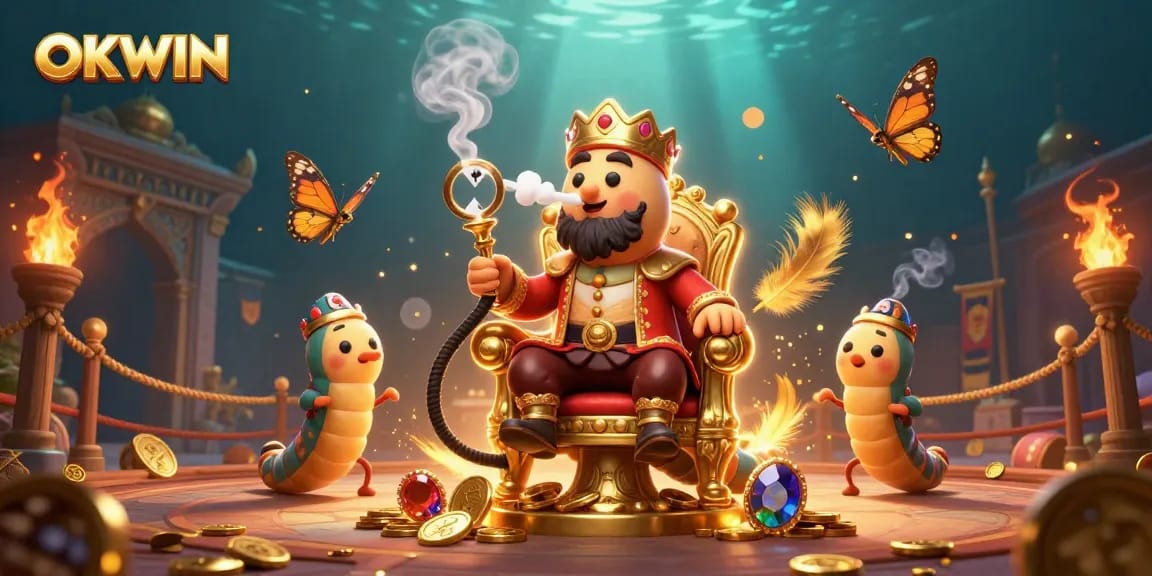 Win big with OKWIN in this vibrant 3D casino scene featuring a unique hookah-master and a butterfly.
