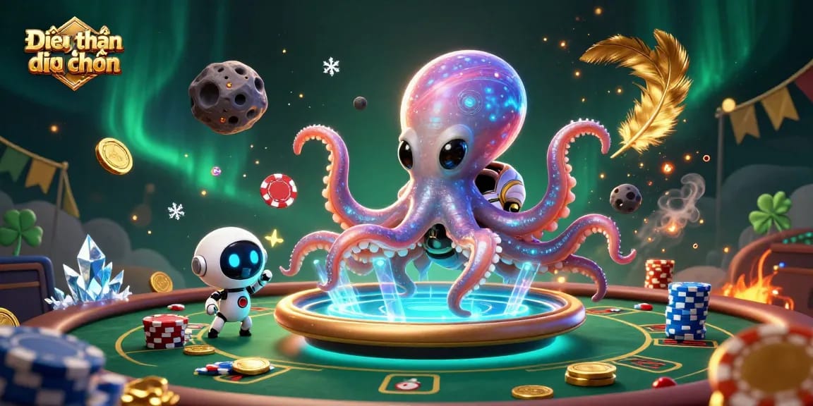 Engage with the exciting Điều khoản điều kiện as a colorful octopus plays poker in a vibrant casino atmosphere.