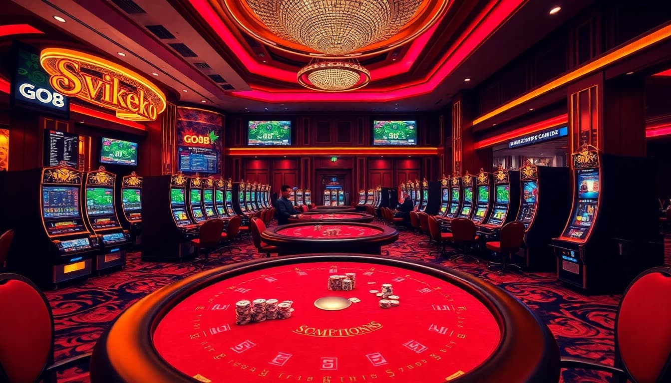 Experience the excitement of online gambling at trang chủ go8 with luxury casino elements like tables and slot machines.