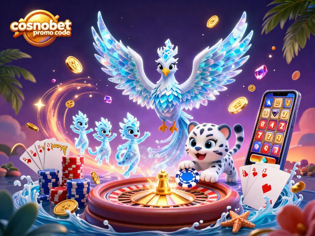 Play slots with the exciting cosmobet promo code in a vibrant casino scene featuring a whimsical ice phoenix.