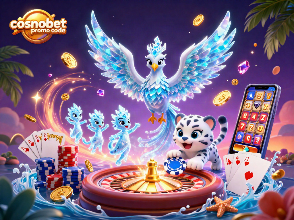 Play slots with the exciting cosmobet promo code in a vibrant casino scene featuring a whimsical ice phoenix.