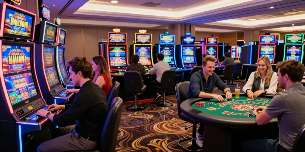 Players enjoying multiple games at a vibrant non GamStop casino, capturing the lively atmosphere.
