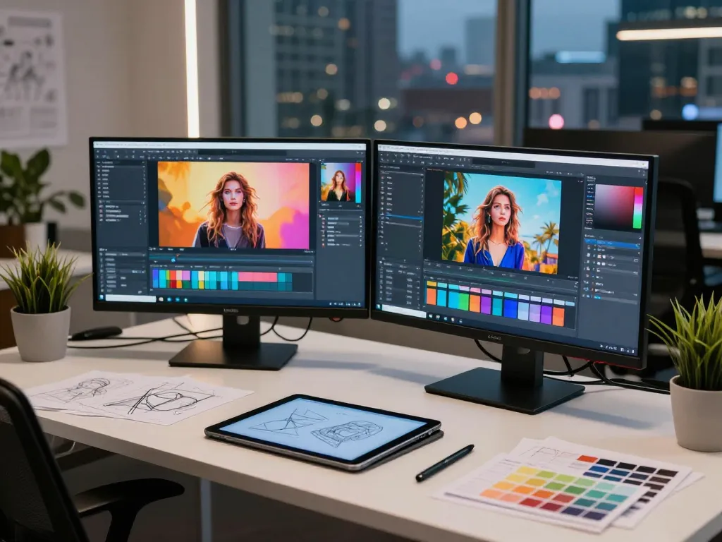 Dynamic tech workspace showcasing nano banana flash AI image editing tools in action.