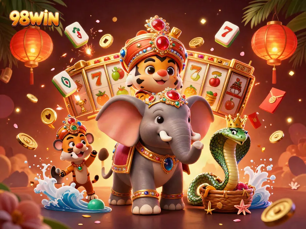 Spin and win with 98WIN's vibrant casino-themed artwork featuring an elephant and treasures.