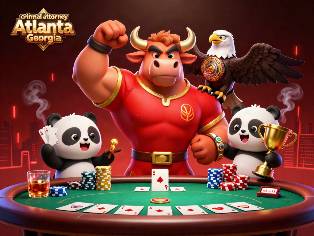 Celebrate casino wins with a muscular bull mascot, eagle, and panda in a vibrant gambling scene, showcasing criminal attorney Atlanta Georgia.