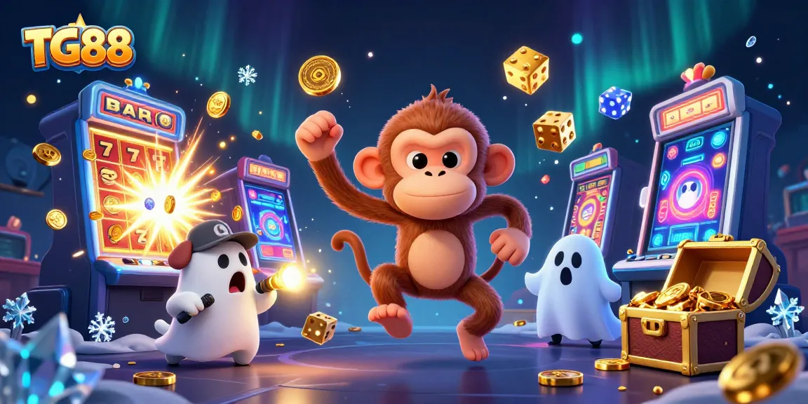 Engage with TG88's thrilling slot adventure featuring a lively poltergeist monkey and a curious puppy in a vibrant casino.