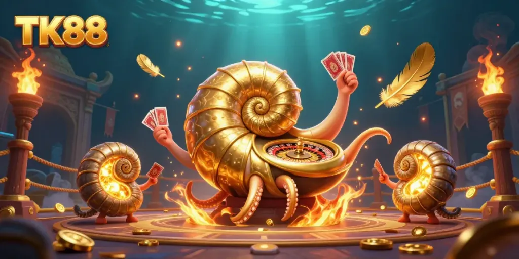 TK88 gamble and win with colorful cards, coins, and golden nautilus in a vibrant casino scene