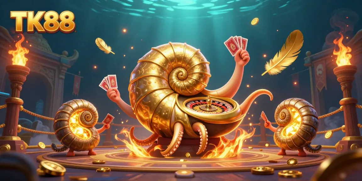 TK88 gamble and win with colorful cards, coins, and golden nautilus in a vibrant casino scene