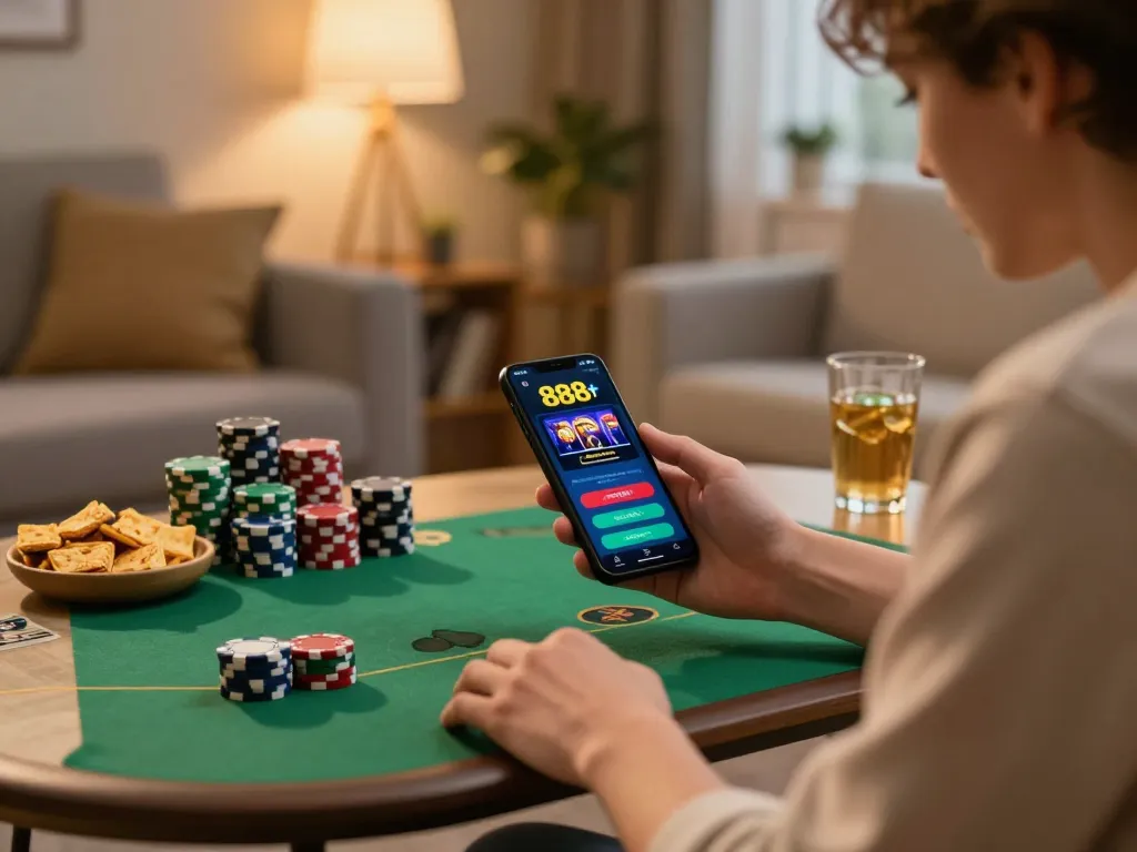Engaging with the 888slot mobile app during a cozy home gaming session.