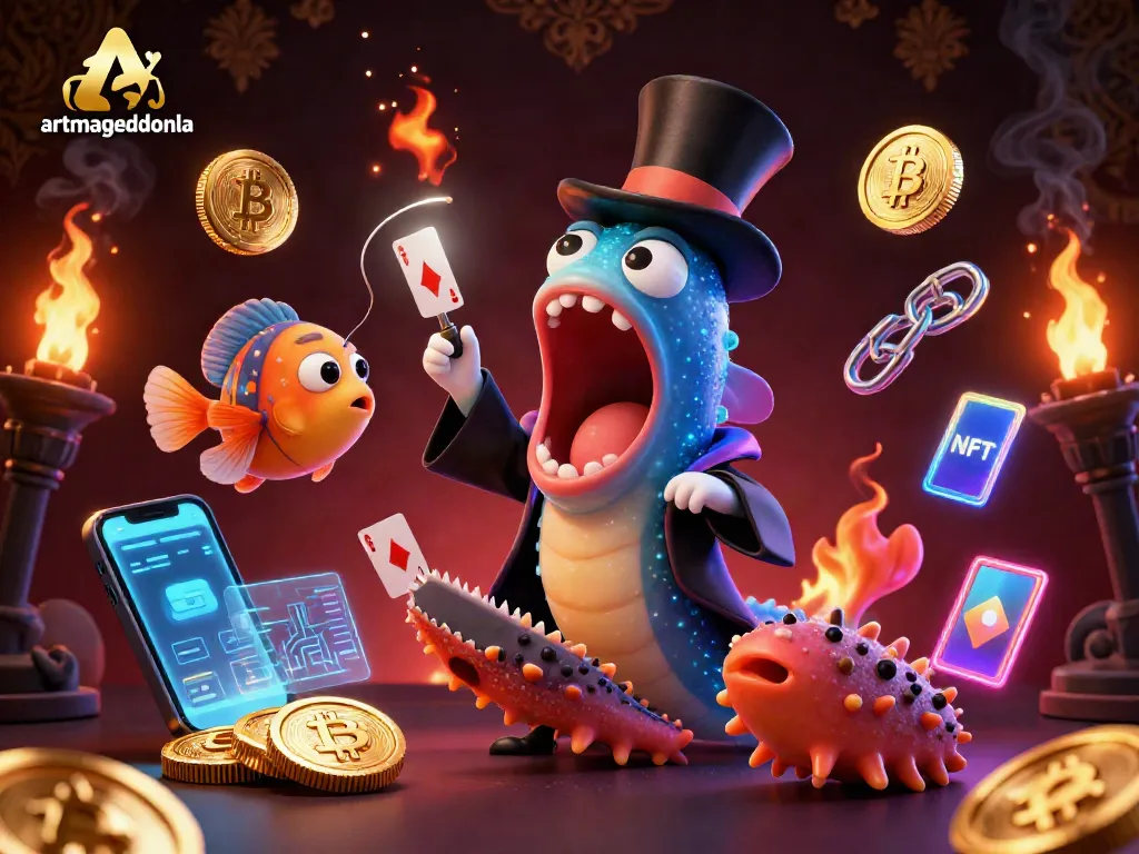 Artmageddonla features a vibrant, 3D animated underwater casino scene with engaging characters and crypto elements.