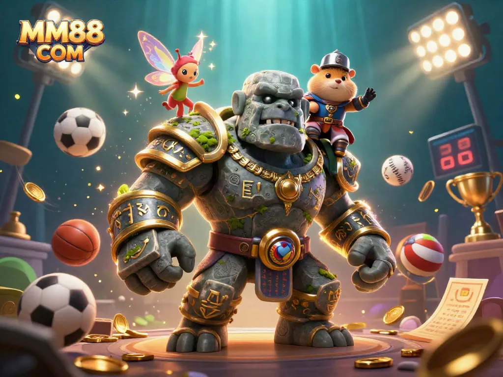 Experience the thrill of betting with MM88 COM, featuring a lively scene of characters and sports elements.