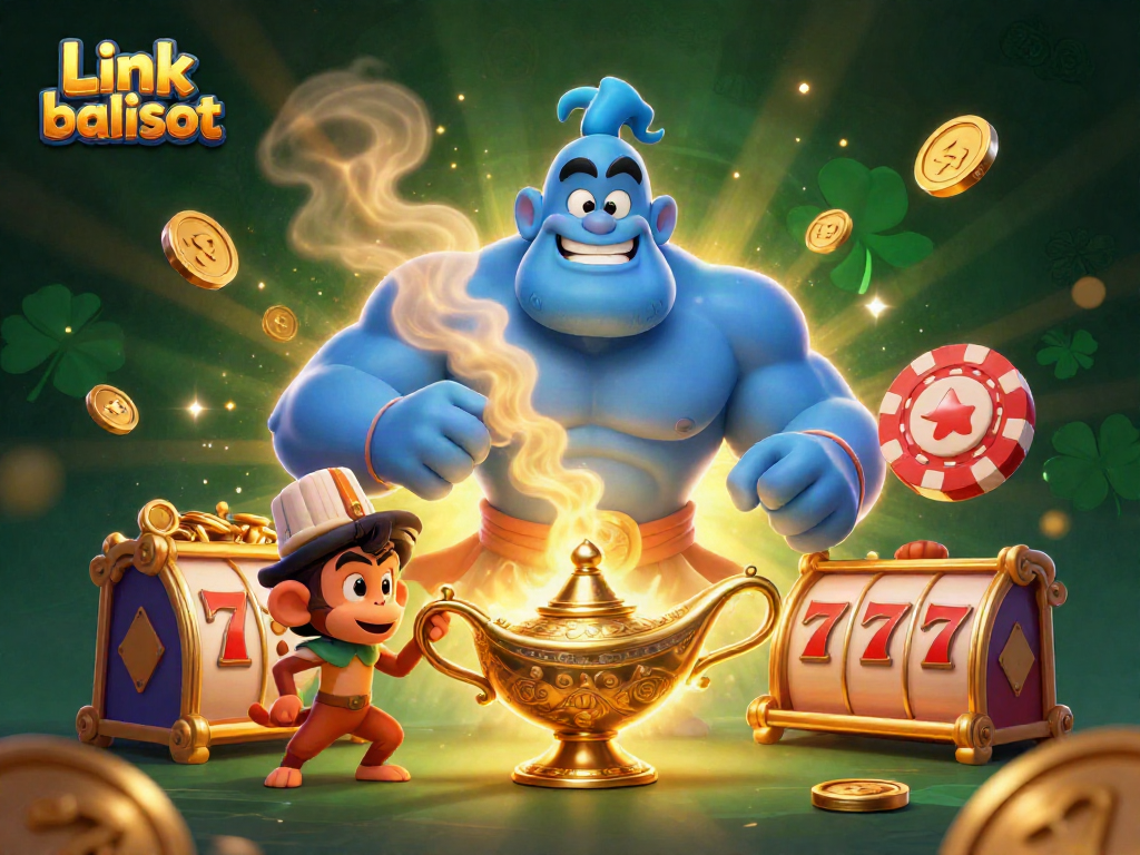 Experience high-stakes fun on Link balislot with dynamic gaming action featuring golden genies and slot reels.