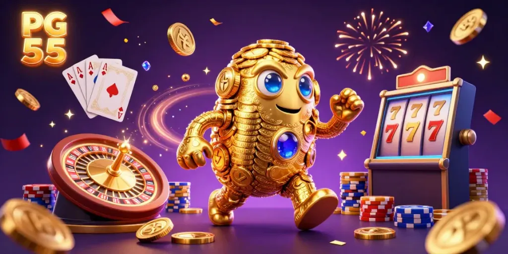 Experience the excitement of PG 55 with a golden golem amidst dazzling casino elements and rich visuals.