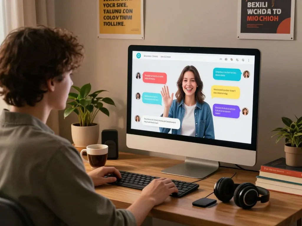 Engaging workspace featuring a person using sex chat AI on a computer, complete with coffee and vibrant chat bubbles.