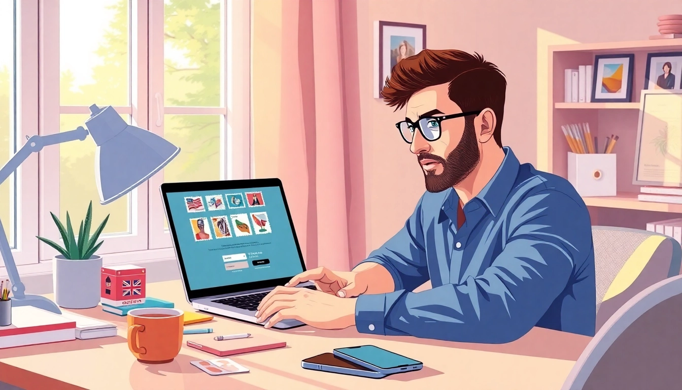 Explore efficient ways of buying postage stamps online with a user engaged in a digital transaction at home.