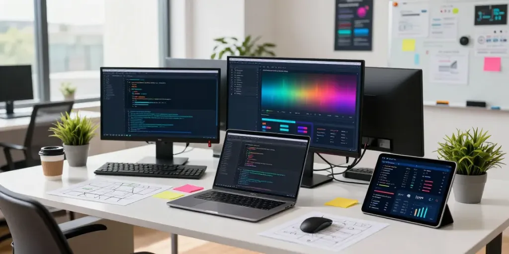 Get instant indexing insights from a modern tech workspace with multiple screens showing analytics.