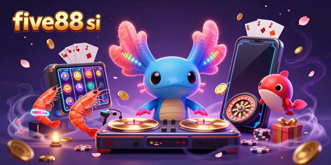 Engage with five88 si as a vibrant underwater casino scene featuring DJ axolotl, spinning reels, and dynamic gameplay.