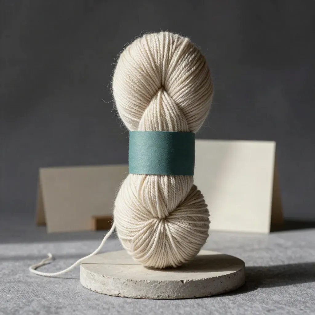 Soft merino yarn bundle on a shadowed pedestal with a curling strand and teal band.