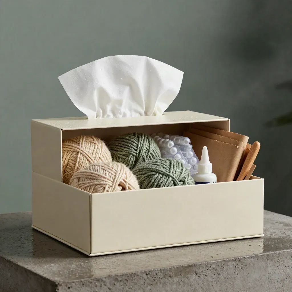 Open craft starter box with yarn, beads, paper, glue and wooden tools on a rain-damp studio plinth.