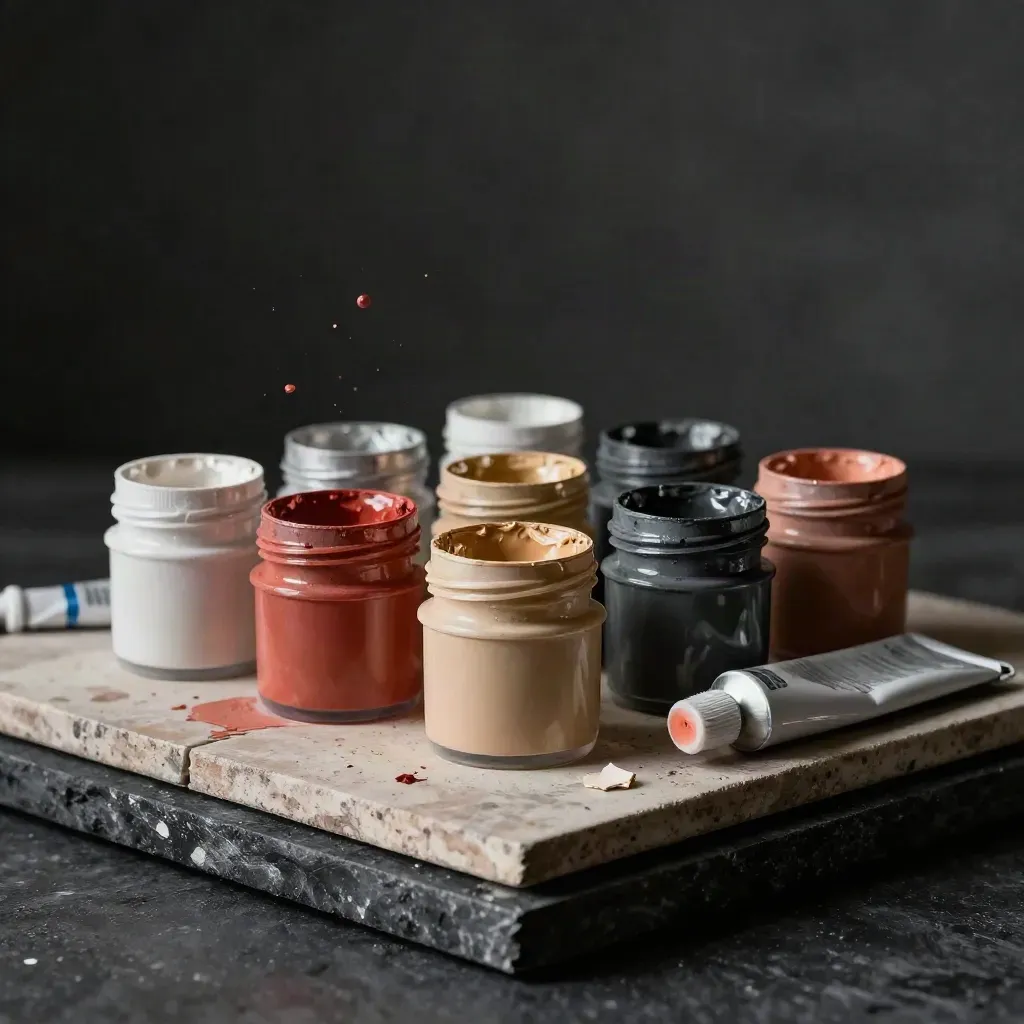 Acrylic paint set with open pots, tubes and a stained mixing tile on a dark plinth.
