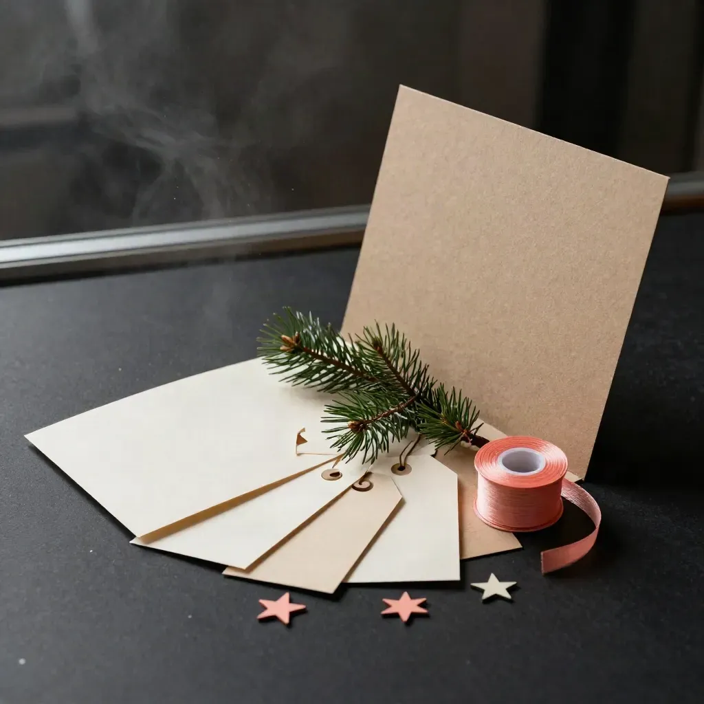 Open holiday craft kit with cards, tags, ribbon, star cutters and pine sprigs on black.