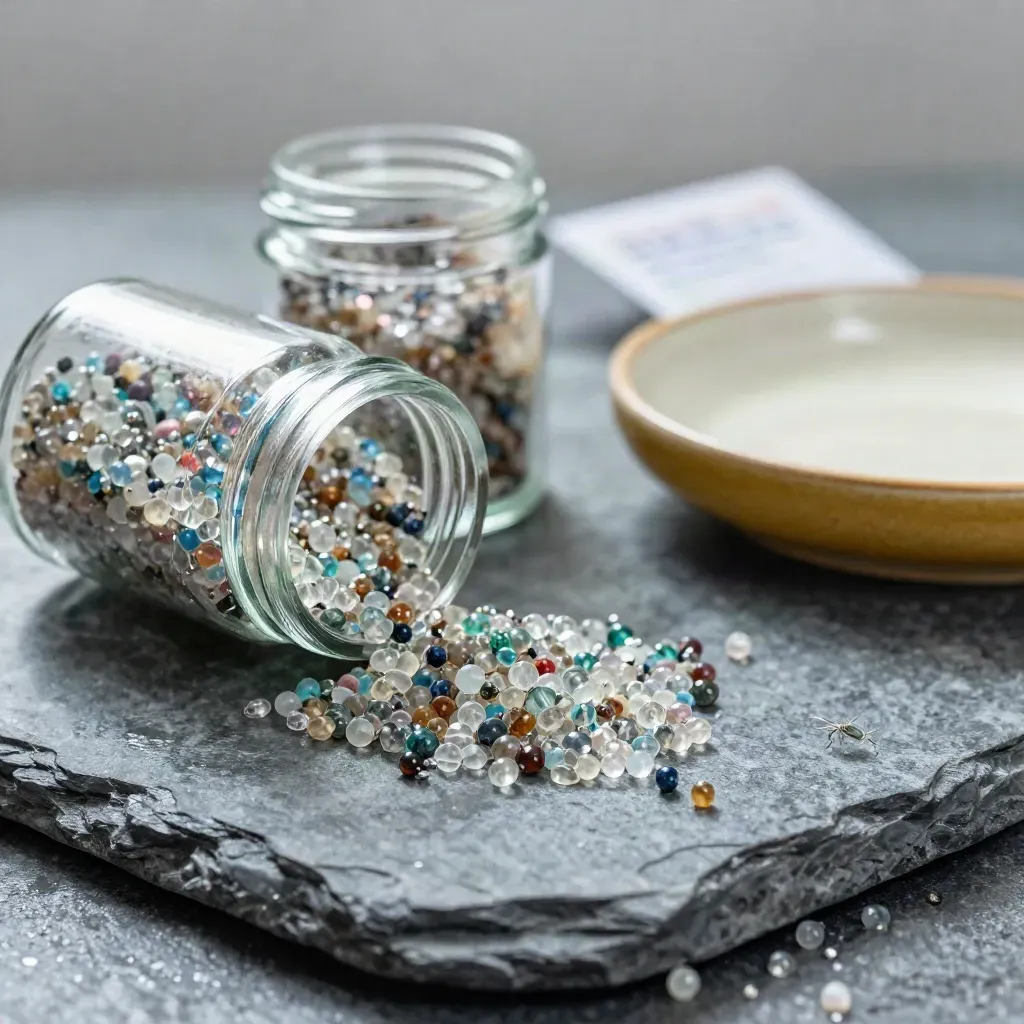 Glass seed beads spilling from clear jars on a wet stone slab with a muted mustard accent