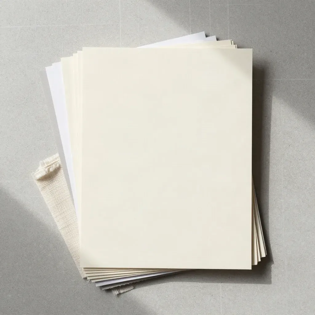 Overhead cardmaking paper pad with cut sheets, offcuts and muslin on pale concrete.