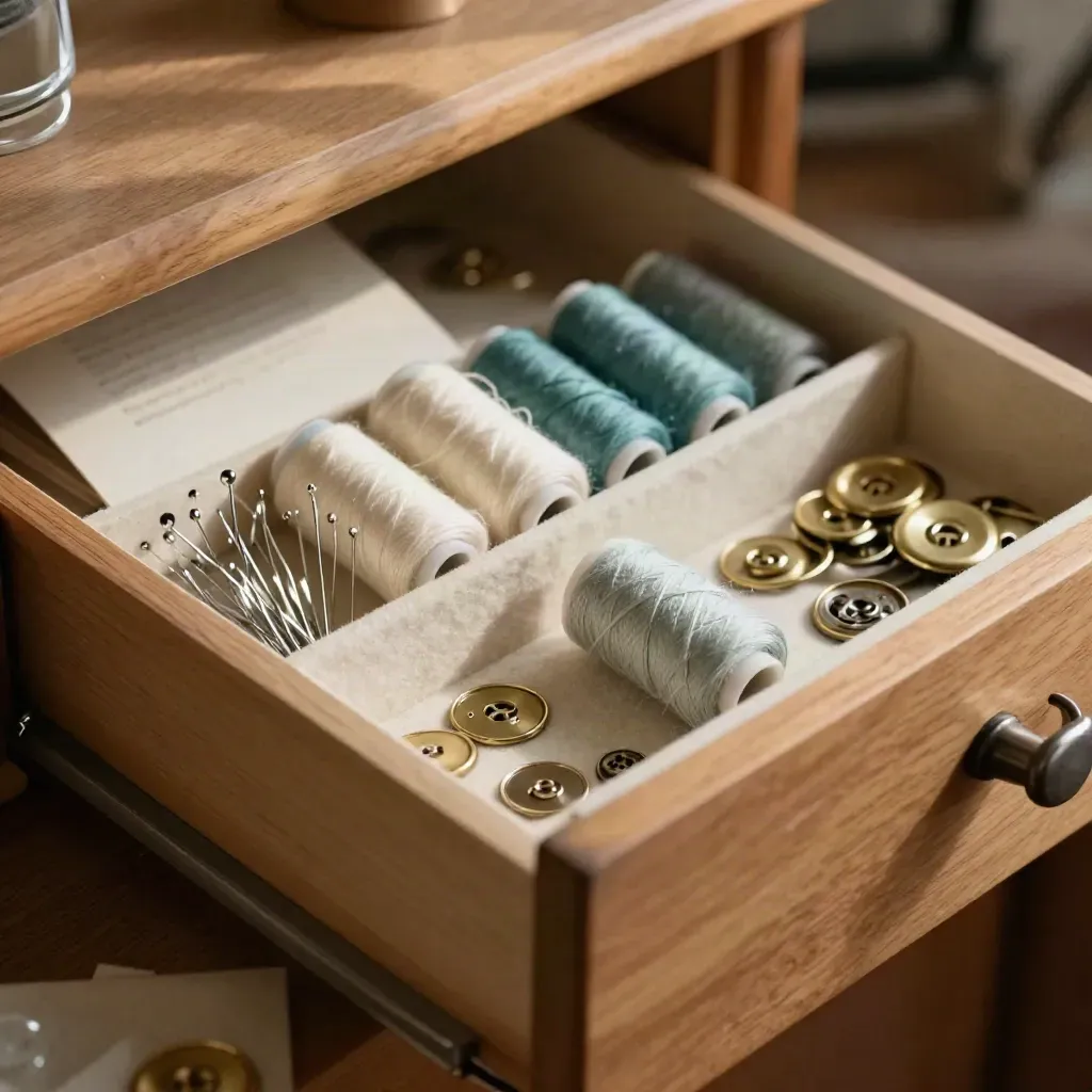 Wooden drawer of sewing notions with pins, thread spools, snaps and fasteners in soft daylight.