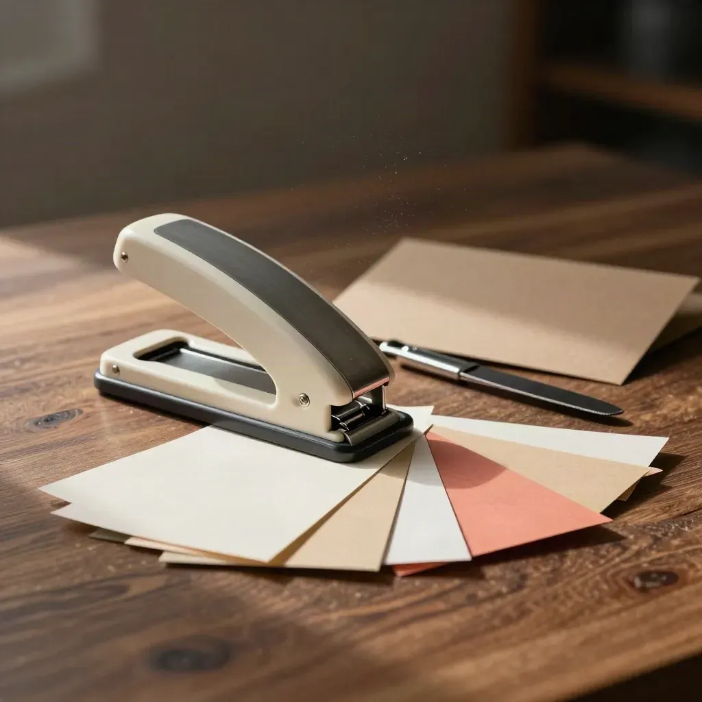 Scrapbook tools fanned on a textured mat with paper scraps and soft studio light.