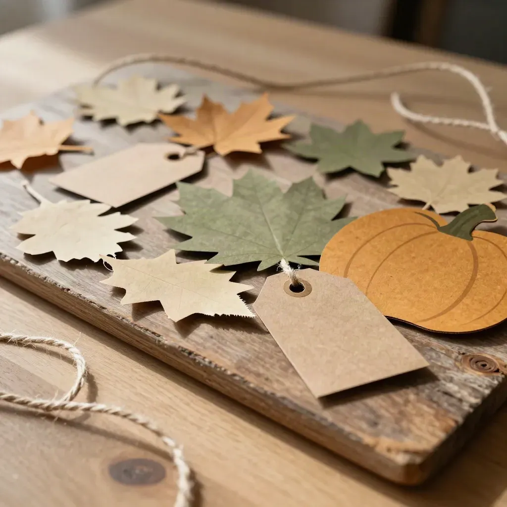 Macro autumn craft kit with paper leaves, pumpkin shapes, tags and twine on a weathered board.