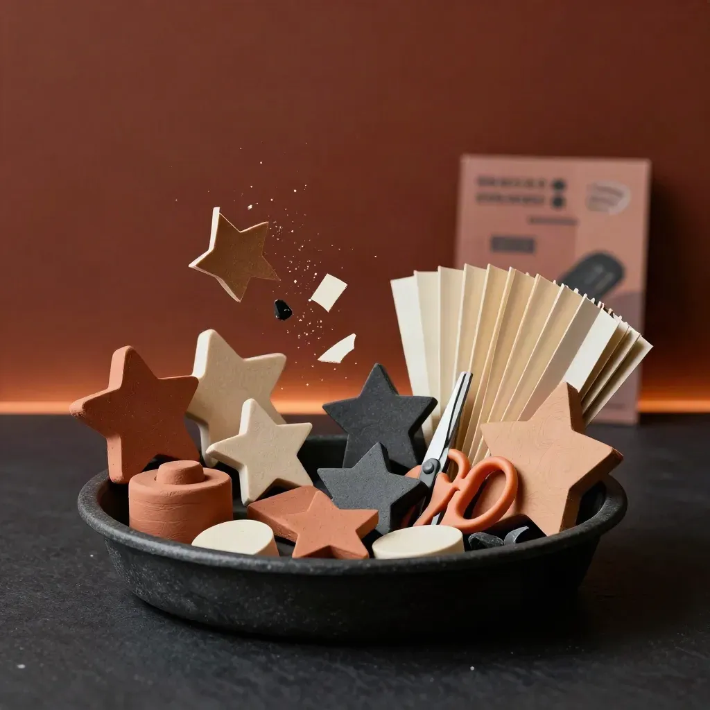 Kids craft bundle with foam shapes, glue, scissors and paper packs bursting from a tray in dramatic light
