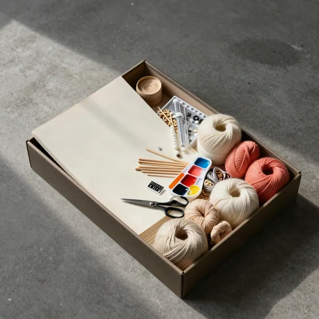 Open craft box with yarn, beads, paper and tools spilling across concrete.