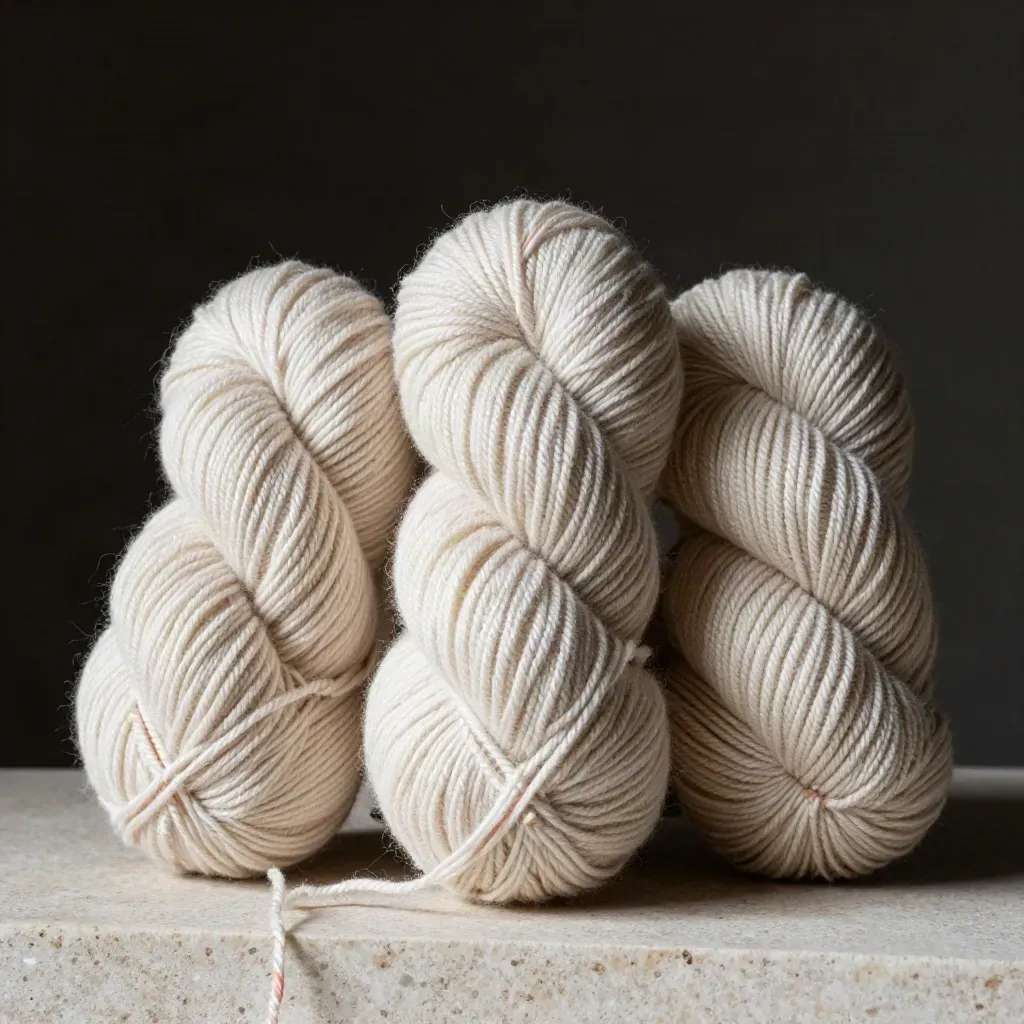 Three cotton yarn skeins leaning on travertine, one loose thread drifting free.
