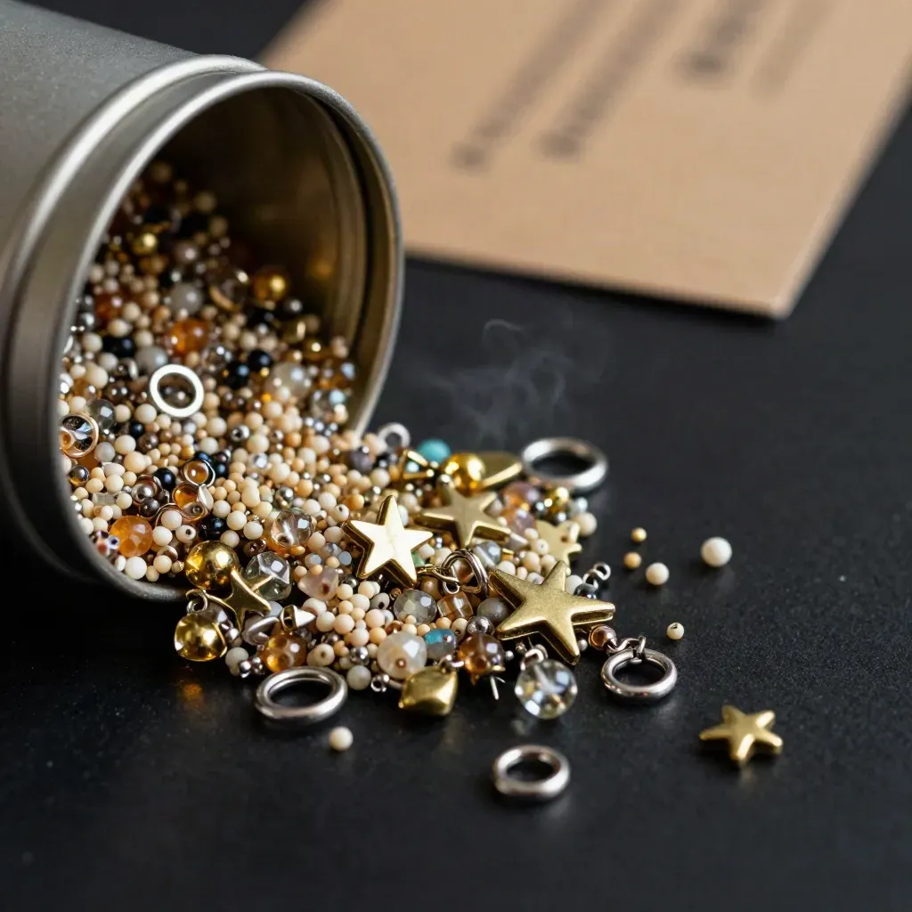 Open tin of mixed charm beads spilling across a dark surface with warm gold glints