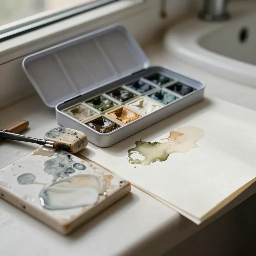 Open watercolour paint set with damp tile, brush rests and wet paper wash on a studio sill.
