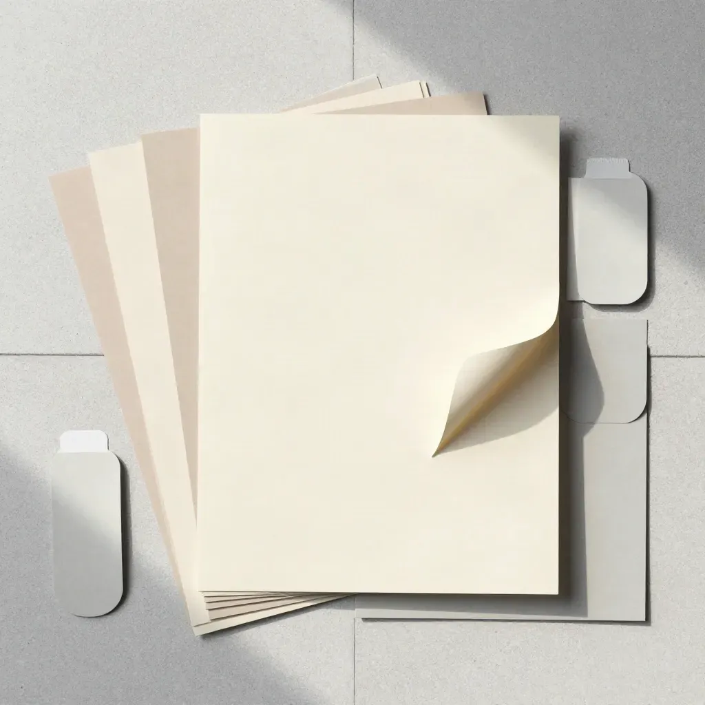 Overhead flatlay of cream planner sticker sheets on pale stone with one corner lifted