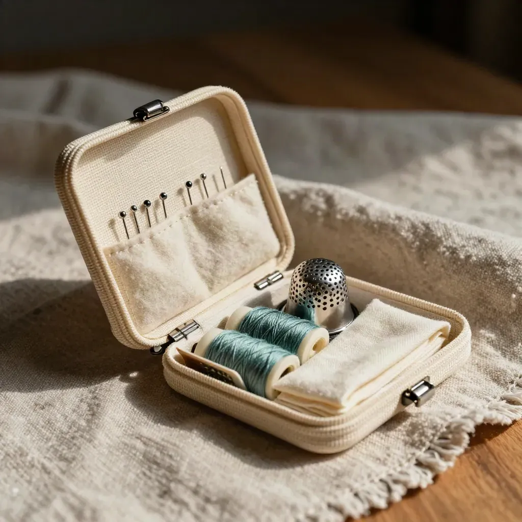 Open needle case kit with pins, thread cards, thimble and linen on oatmeal linen
