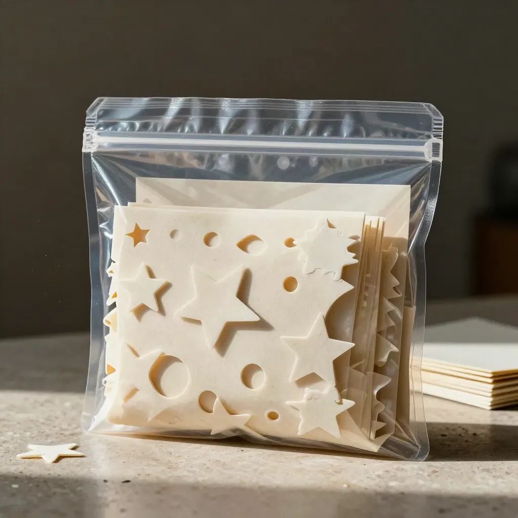 Upright clear pouch of foam shapes on a limestone surface with soft classroom craft props.