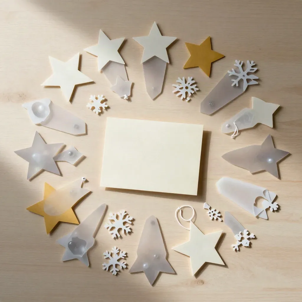 Overhead flatlay of winter craft kit pieces on pale wood with soft frosted shadows.