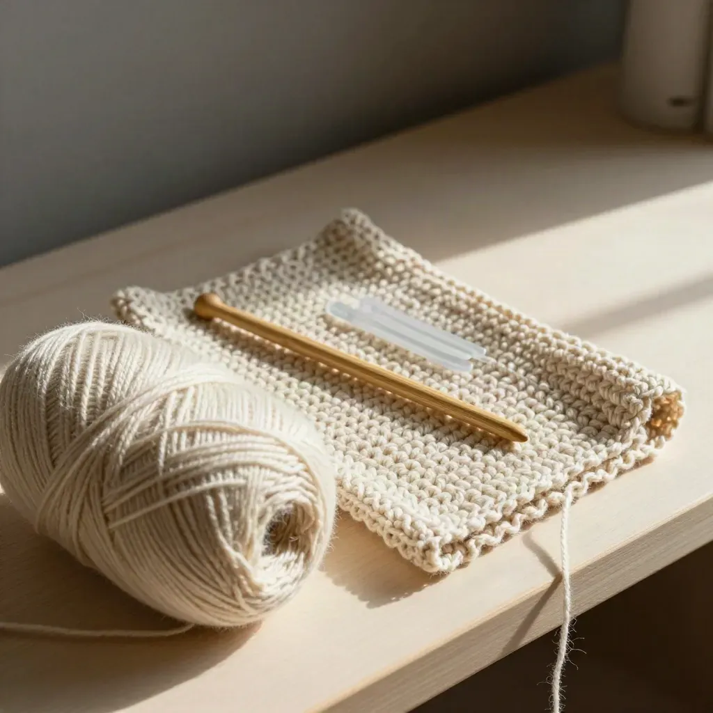 Crochet kit with yarn skein, hook, markers and swatch in warm raking studio light.