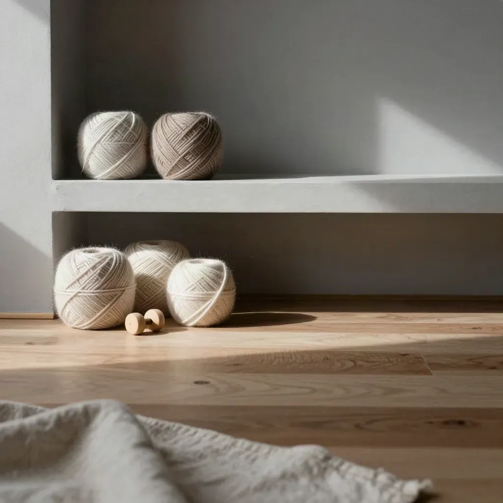Sunlit yarn cones, bobbins and folded linen on a neutral shelf with calm copy space below.